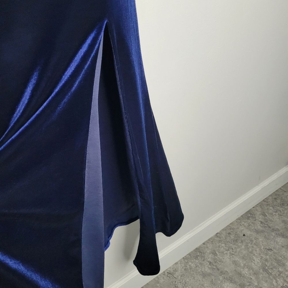 Y2k navy blue elegant velvet cross strap back slit deep v prom special occasion - Picture 4 of 6